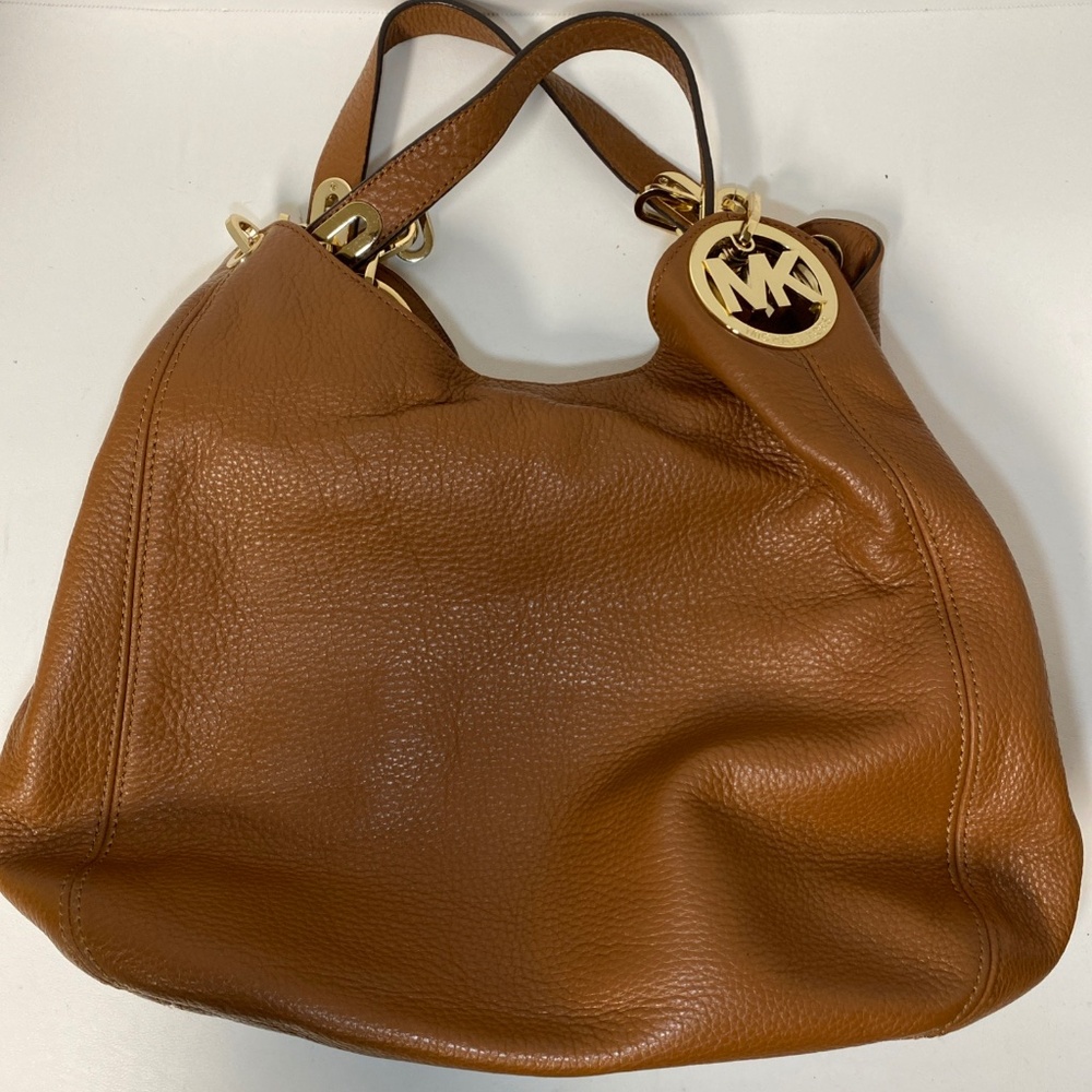 Michael Kors Fulton Bag Pebbled Leather Brown Gold Shoulder Tote Purse Large